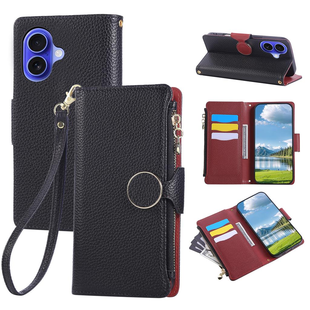 For iPhone 17 Case Zipper Wallet Leather Phone Cover with Wrist Strap