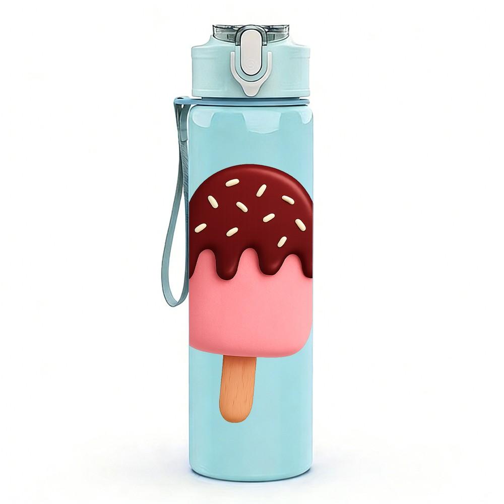1PC Pink Brown Ice Cream Cartoon Print 750ml Color Plastic Sports Water Bottle Leakproof Flip Straw Lid Suitable for Sports Office Home Use