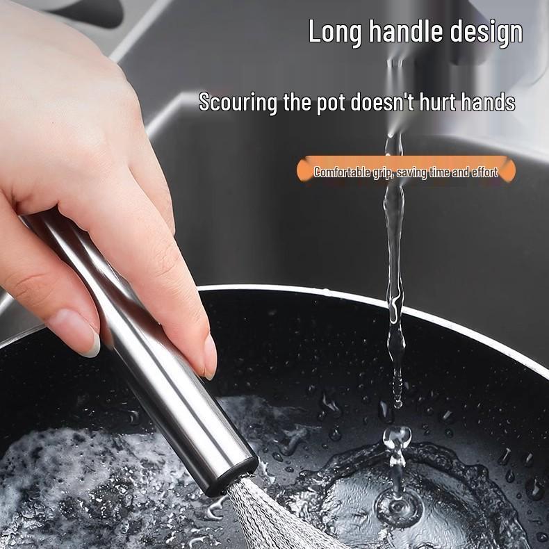 Stainless Steel Long Handle Pot Brush with Scouring Pad for Kitchen Cleaning