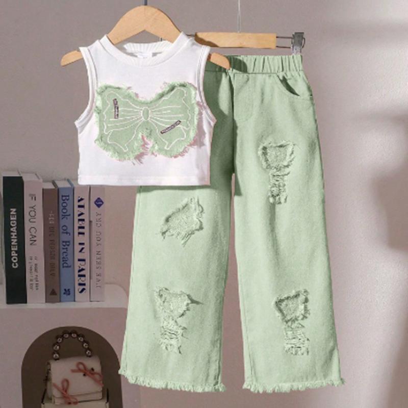 

Лето 2025 Комплекты уличной одежды для девочек 4-6 лет Безрукавный жилет с бабочкой+Розовые ковбойские брюки с нашивками-пирсингом 2 предмета 7Y зелёный