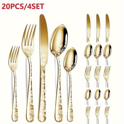 20Pcs/4 Set Stainless Steel Embossed Pattern Cutlery Set Dinnerware Knives Forks Spoons Flatware Set Luxury Dinner Set Family Party Tableware Set
