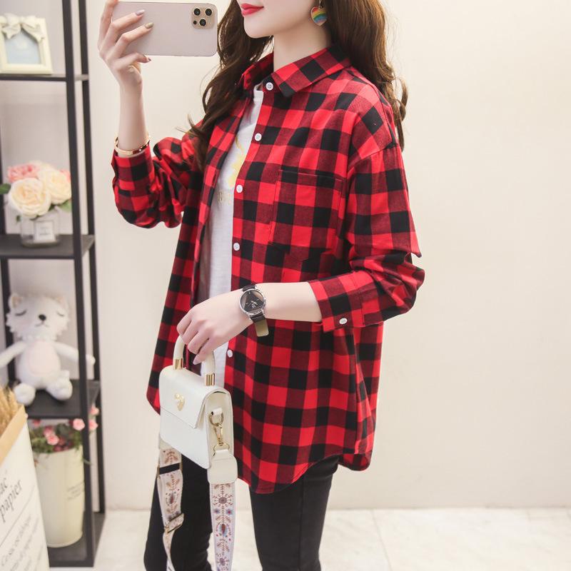 Camisa holgada de manga larga a cuadros para mujer, estilo coreano, chaqueta informal y versátil para estudiantes para primavera y otoño, talla grande, algodón