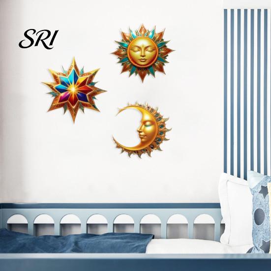 Entrance Wall Decoration 3Pcs Sun Moon Star Decorations Waterproof Bohemian Wooden Exotic Style Courtyard Decor Art Set Outdoor Indoor Hanging