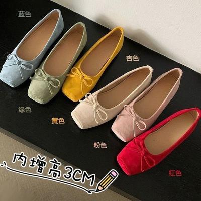 Retro Solid Color Single Shoes Autumn New Light Mouth Bow Grandma Shoes Inner Height Increase One Pedal