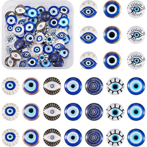Pandahall 60Pcs Evil Eye Glass Cabochons - 12mm Half Round Flatback Dome Lucky Eye Cameo Gem Cover Beads for Pendant Props Photo Jewelry Making