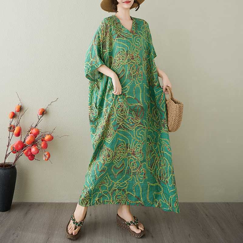 Vestido Largo Vintage para Mujer con Estampados de Algodón y Lino