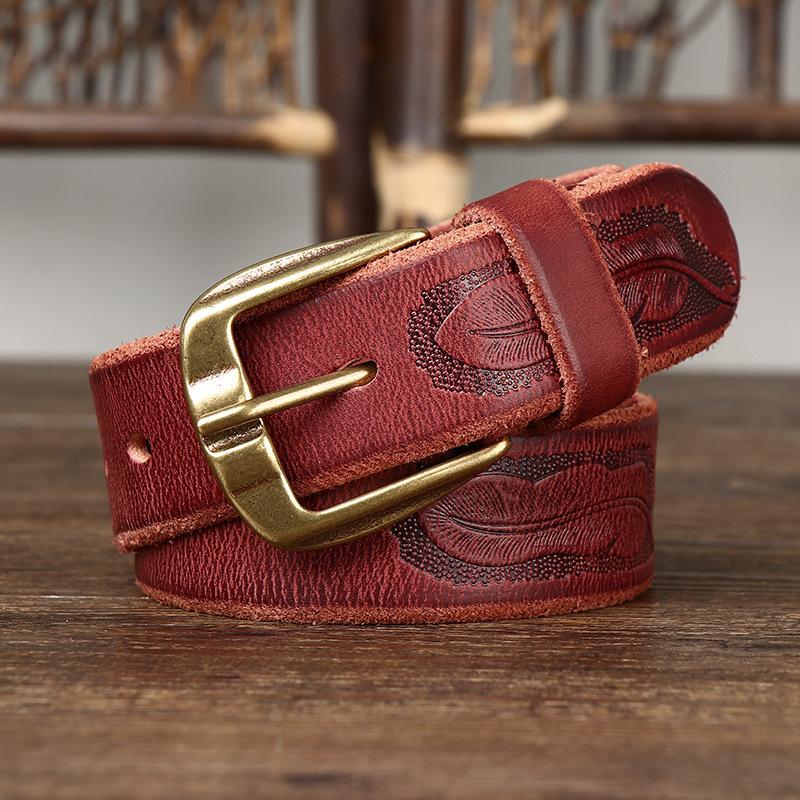 Cinto Masculino Retro Personalidade Primeira Camada Couro de Vaca Esculpido Fivela de Pino Jovens Moda Jeans Cinto Casual