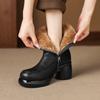 7cm British Style Leather Ankle Boots Warm Winter Fall Round Toe Chunky Heel Side Zip Booties