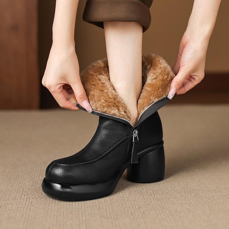 7cm British Style Leather Ankle Boots Warm Winter Fall Round Toe Chunky Heel Side Zip Booties