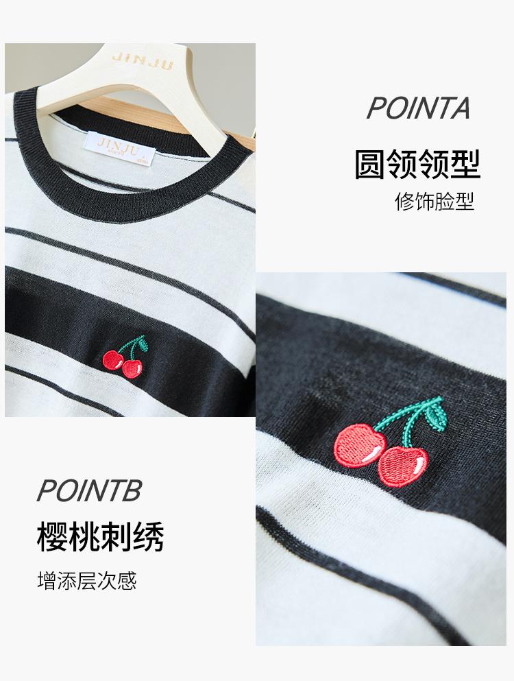 2025 New Summer Round Neck Stripe Color blocked [Cherry Embroidery] Short sleeved Knitted T-shirt Top for Women