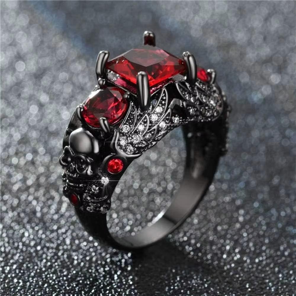 Gothic Purple Red Black Crystal Unique Black Skull Rings for Women Halloween Christmas Jewelry Gifts