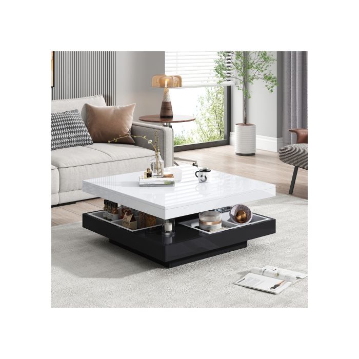 Table Basse Fonctionnelle Avec Plateau Brillant, Plateau Pivotant À 2 Niveaux Avec Compartiments De Rangement,base Noire 70*70*36cm