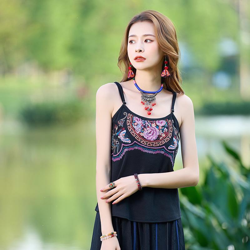 

Women s Ethnic Embroidered Summer Camisole: Retro Slim Fit Vest XXL чорний