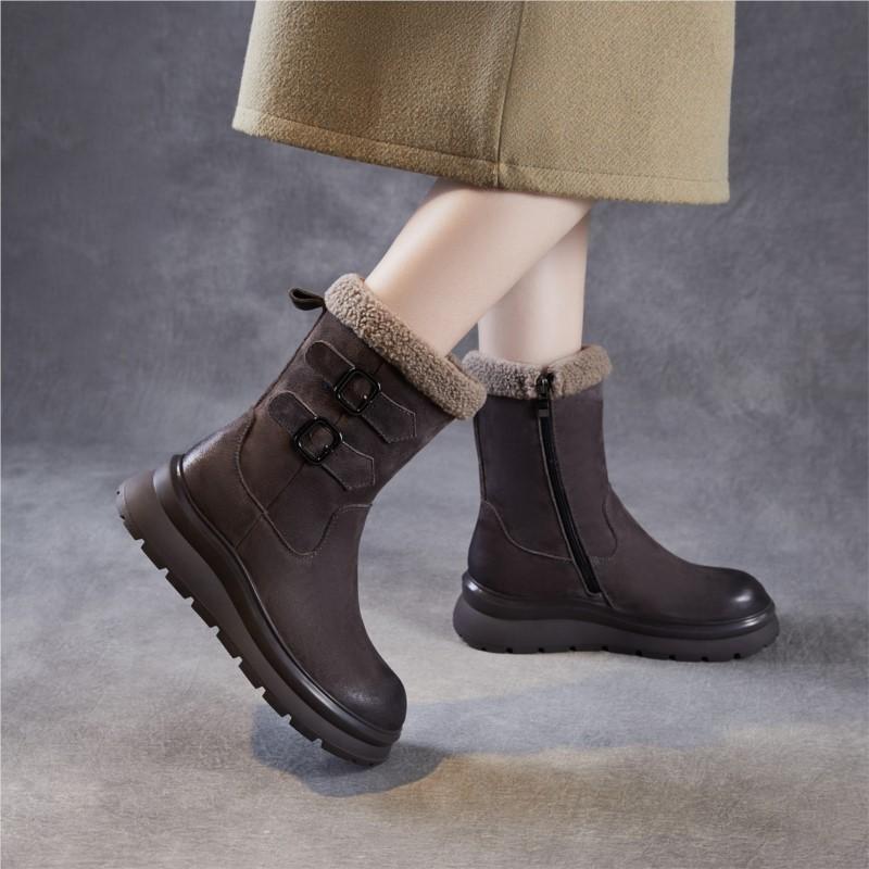 Johnature Anti Slip Thick Soled Snow Boots Belt Buckle Plush Warm Genuine Leather Women's Mid-calf Boots