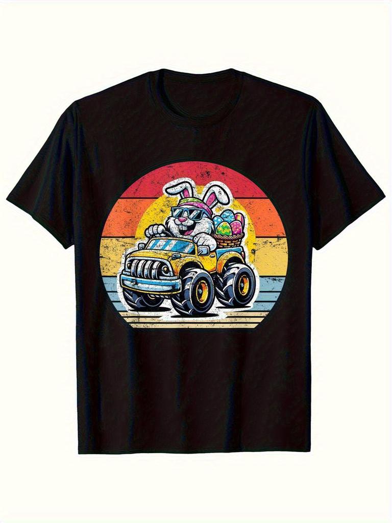 Hase Monster Truck Grafik T-Shirt Herren Kurzarm Baumwolle Rundhals Ostern Lässig Geschenk Shirt