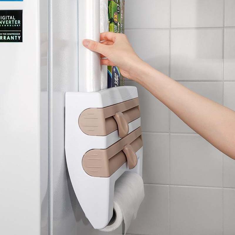 3 In 1 Kitchen Cling Film Storage Rack with Cutter Tin Foil Rack Wall-Mounted Paper Towel Rag Organizer