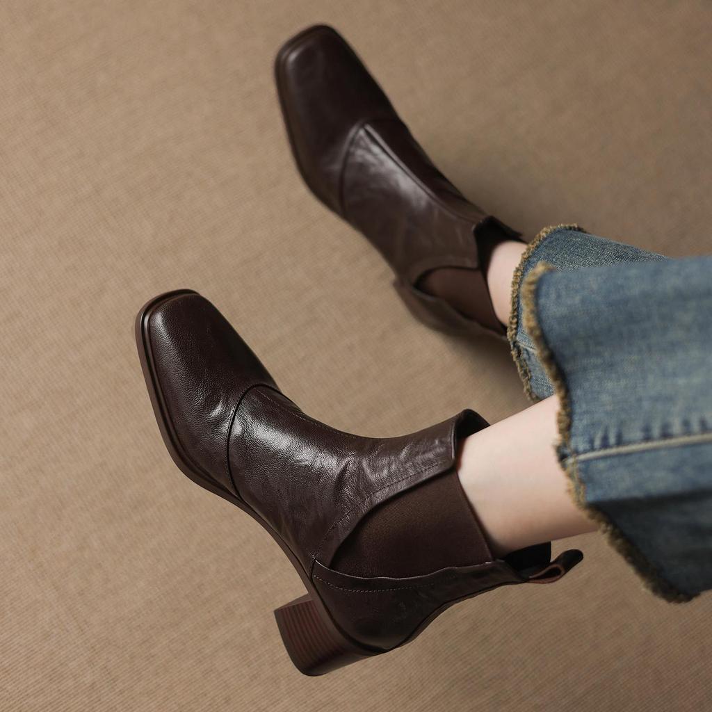 Krazing Pot Sheepskin Square Toe Med Heels Chelsea Boots Size 42 Zip Women Pleated Decoration Vintage Ankle Boots