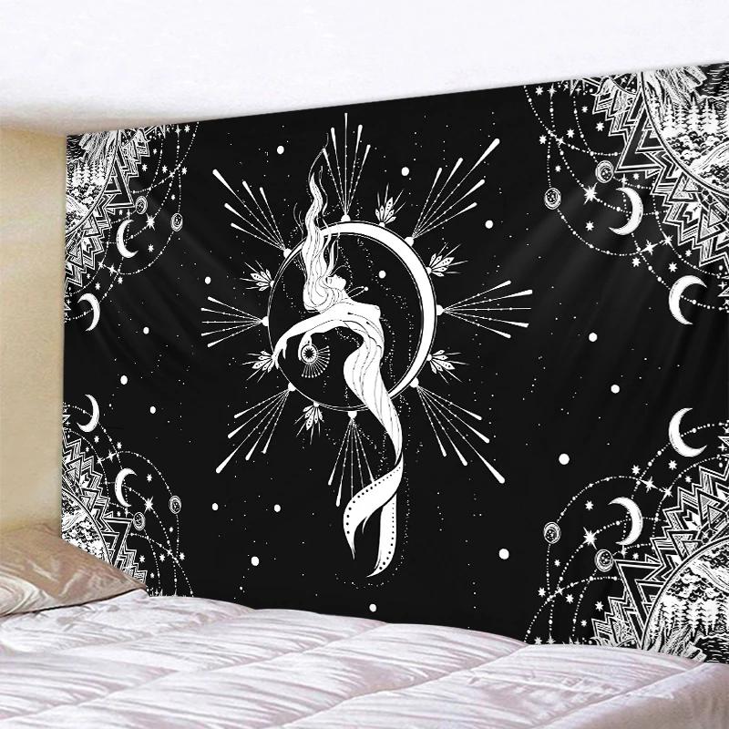 Black and White Moon Mandala Tapestry Bohemian Decoration Wall Hanging Bedroom Psychedelic Scene Starlight Art Home