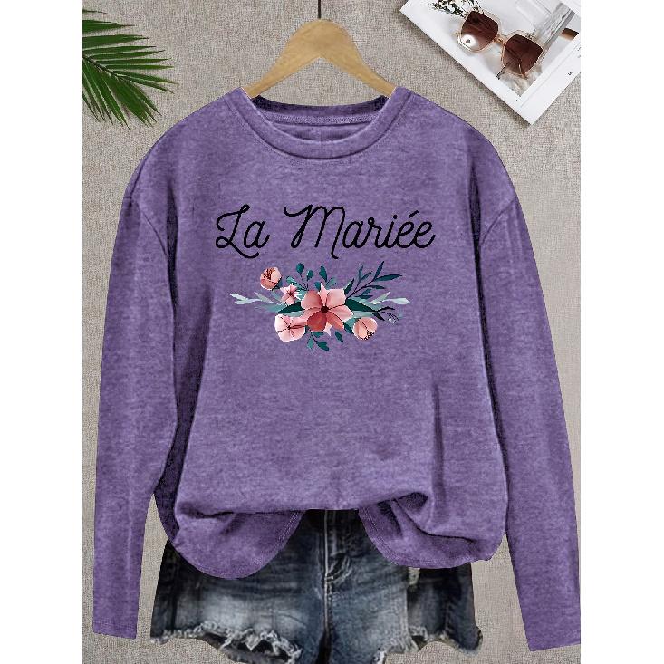 Elegant and beautiful women s long-sleeve top with floral and letter print pattern, round neck, suitable for spring, summer, autumn, and winter T S фиолетовый