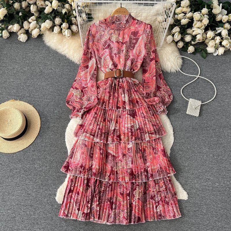 

Stand Collar Long Sleeves Puffy Wide-Hem Dress Cake Mesh Watermelon red All yards