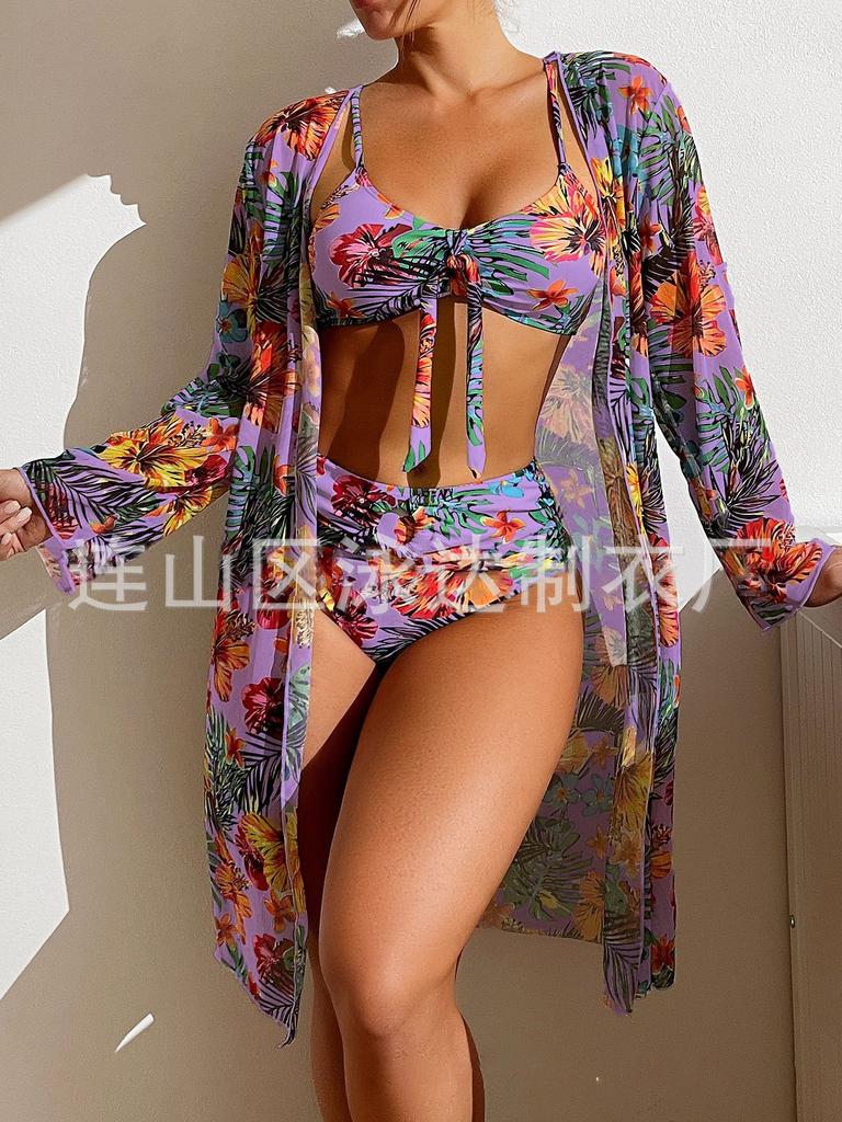Long blouse split three-piece printed sexy swimsuit women's bikini new
