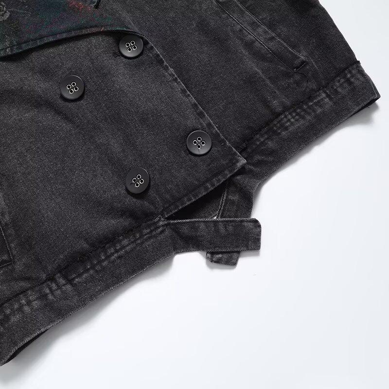 2024 Autumn Women's European & American Style Denim Printed Loose Vest