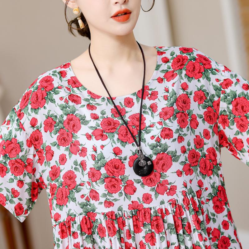 Plus Size Vintage Print Long Dress for Women Oversize Short Sleeve Elegant Loose Dresses Summer Casual Middle-aged Women's Clothing