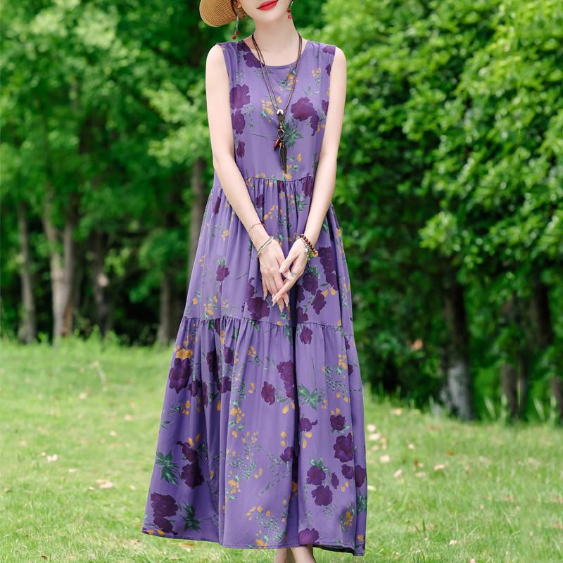 Elegant Sleeveless Dress for Women Plus Size Short Sleeve Vintage Print Long Dress Summer Casual Middle-aged Women's Clothing