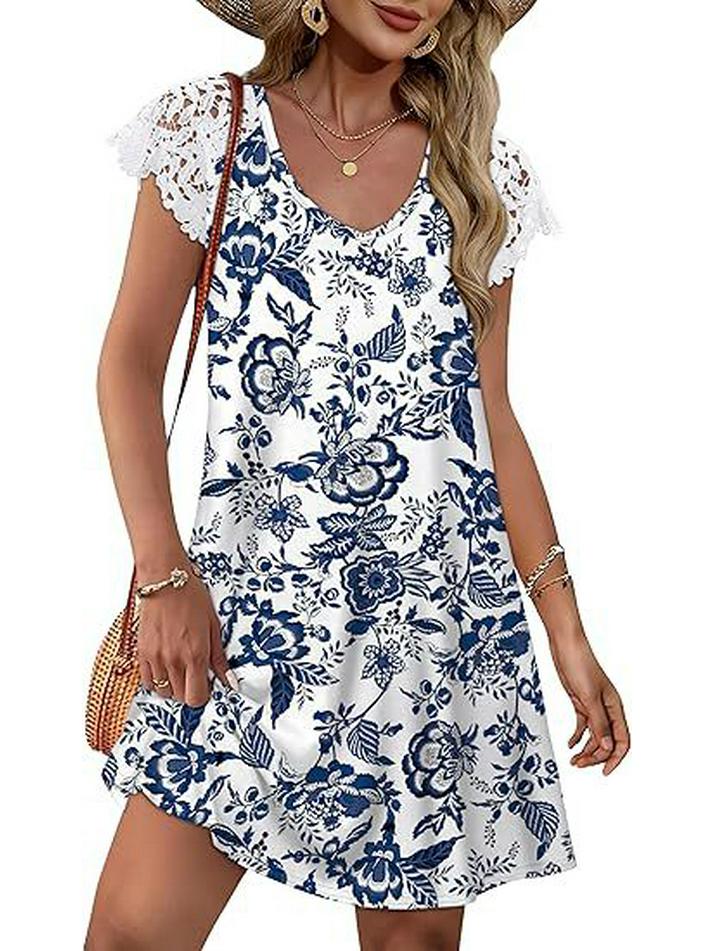 European Women's Lace Casual Short Sleeve Wedding Dress for Beach Vacation
