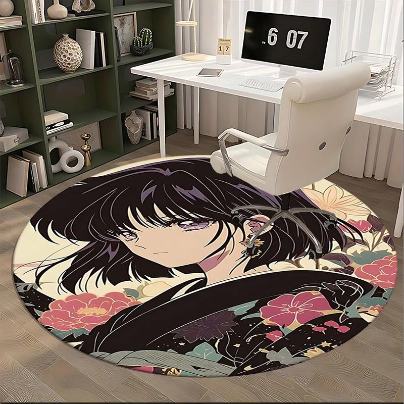 1pc Anime Design Round Carpet Floral Kimono Pattern Chair Mat for Office, Home Decor, Living Room, Bedroom