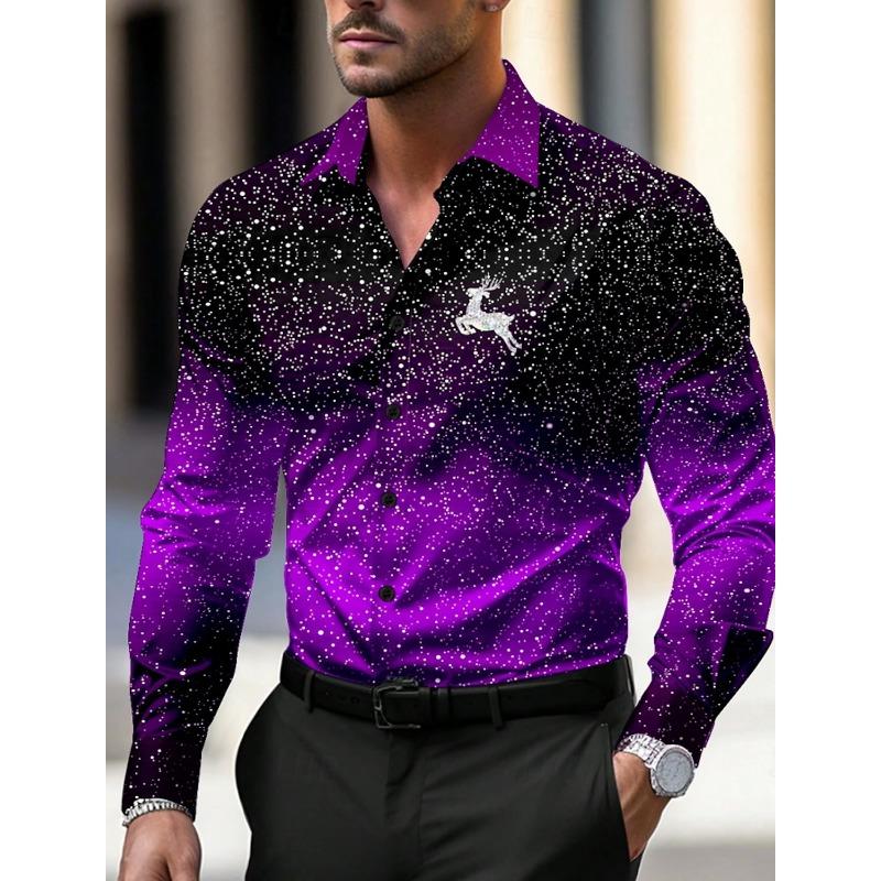 Camicie da Uomo a Tema Natalizio con Stampa Alberi di Natale Grafiche Degradé Fiocchi di Neve Camicie a Manica Lunga Button-Up Top alla Moda
