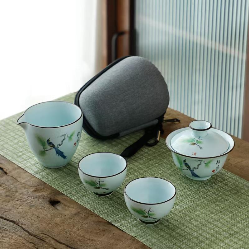 Set da Tè Kung Fu Cinese Set Teiera Portatile in Ceramica Tazze da Tè Gaiwan da Viaggio Tazza da Tè Cerimonia del Tè Tazza da Tè Bel Regalo con Borsa da Viaggio