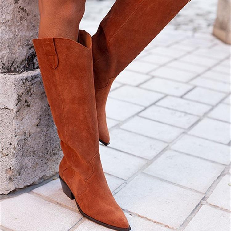 Dropshopping winter new fashion medium heel women's boots pointed suede high boots women's