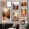 Autumn Deciduous Forest Log Cabin Maple Leaf Nature Posters and Prints, Wall Art, Canvas Painting for Living Room, Home Decor