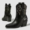 Winter Design Punk Stil Stickerei Spitzzehe Damen Stiefeletten Quadratische Niedrige Absätze Kurze Westernstiefeletten Schuhe