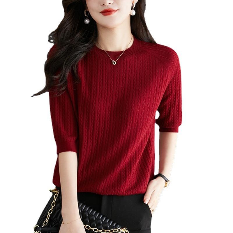 Spring and Summer Medium-sleeved Knitted Sweater Women's Thin Early Autumn New Loose Twist Bottomed Sweater Top