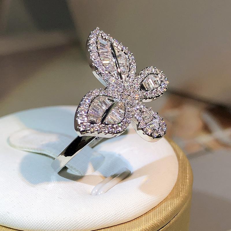 Sterling Silver Exquisite Big Butterfly White Zircon Ring Full Of Diamonds For Ladies Jewelry Party Wedding Birthday Gift