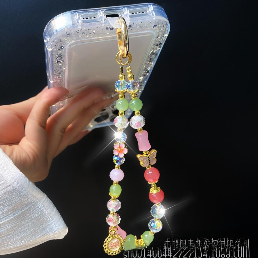 Chinesischer Stil High-End Kristallperlen Handkette Handgelenk Kurzer Riemen mit Spacer Legierung Floral Schlüsselanhänger Taschenanhänger