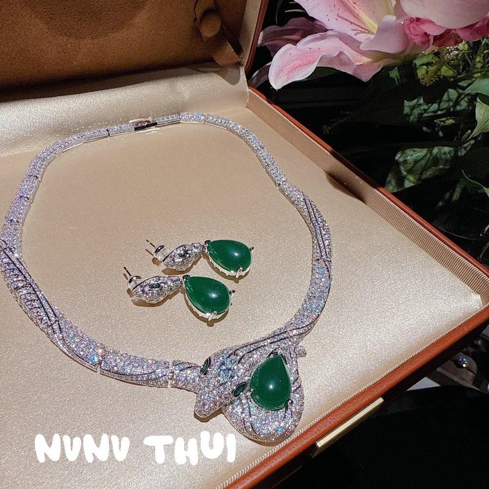 Jewelry, Luxury Serpentine Emerald Necklace, Wedding Dinner, Malachite Green Water Drop Snake Earrings, Set