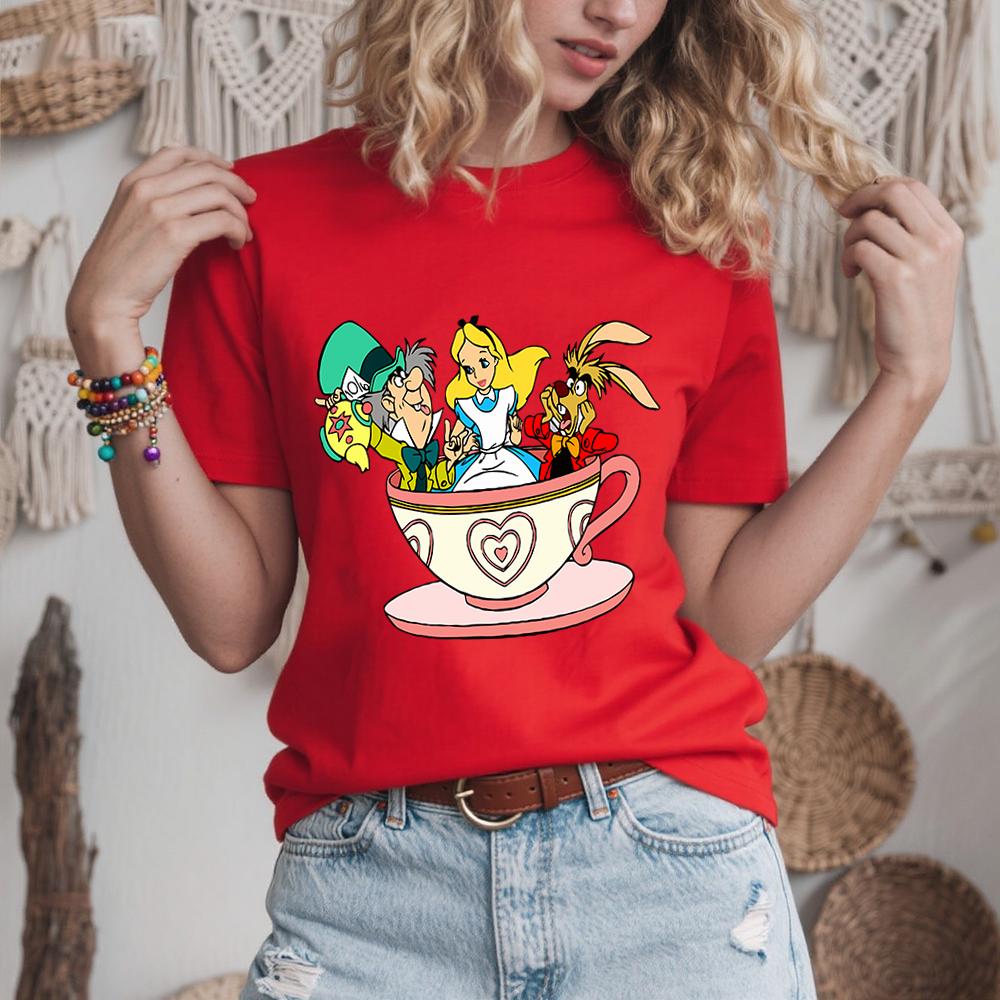 Disney Alice In Wonderland Teacup Trio Print Cotton T Shirt For Women Casual Comfortable Daily Wear Soft Breathable Tee