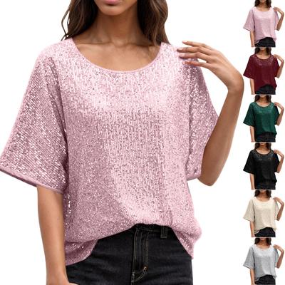 Damen T-Shirt mit Rundhalsausschnitt, schulterfrei, lockeres, modisches Kurzarm-T-Shirt