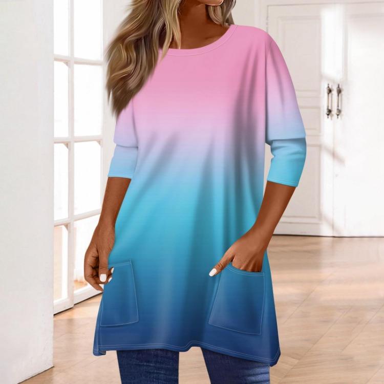 Women 3/4 Sleeve Round Neck T Shirt Casual Print Blouse Pullover Tops with Pocket Mid Length
