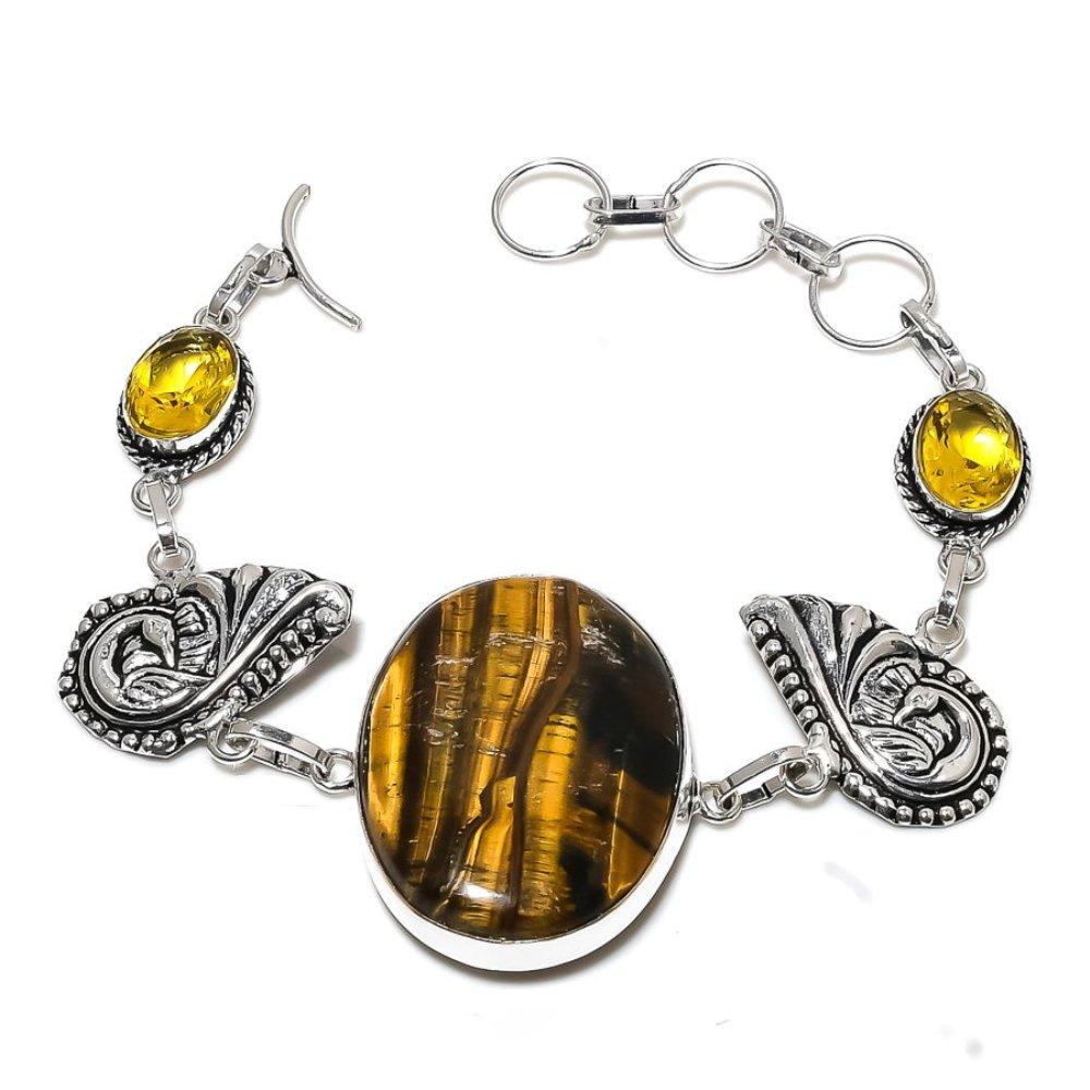 Natural Tiger Eye, Citrine Handmade 925 Sterling Silver Bracelet 7-8" o6A68