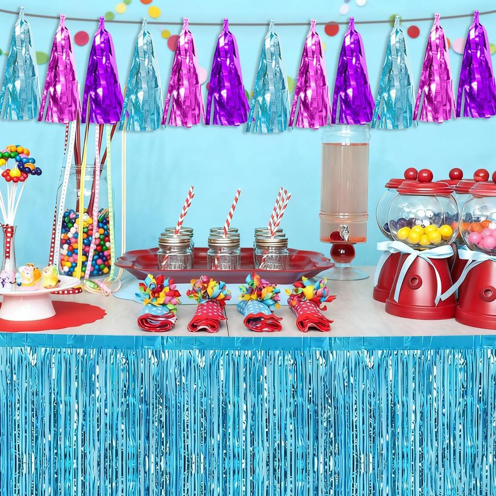 4P Lake Blue Purple-Hot Pink Tassel Banner Garland Metallic Foil Fringe Banner Tel Tassels Streamer Banner Backdrop for Parade Floats,Graduation