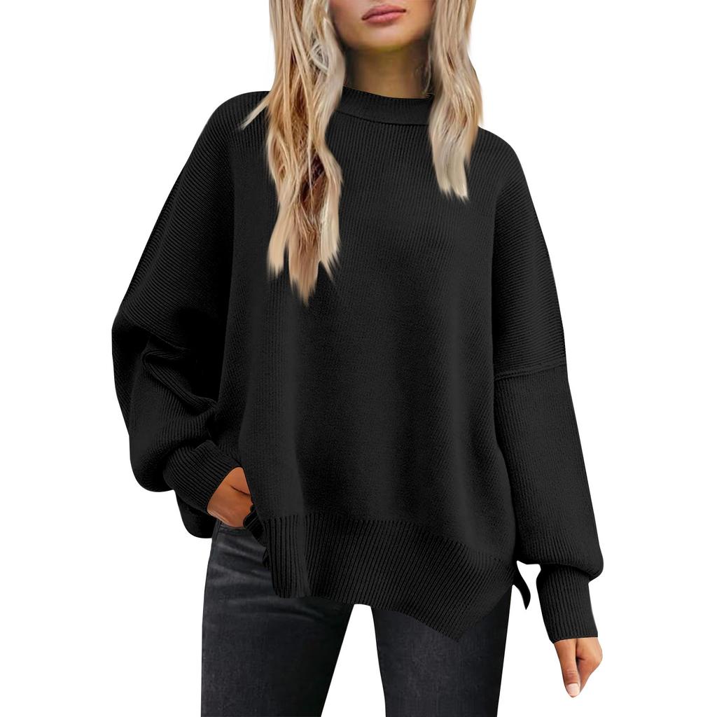Women's Fashion Round Neck Long Sleeve Sweater Knitted Side Slit Pullover