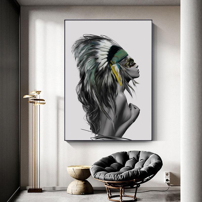 Abstract Fashion Feather Butterfly Women Canvas Poster Picture Wall Art, Modern Living Room Home Decoration Print