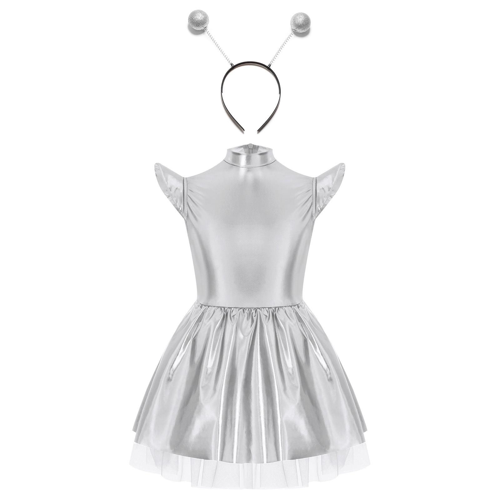 

Дитячий костюм-перевдягання Інопланетянка З переливним глянцевим коміром-стійкою з рукавами-крилами, спідниця-пачка, обруч для волосся, набір для тематичної вечірки 5-6 Years