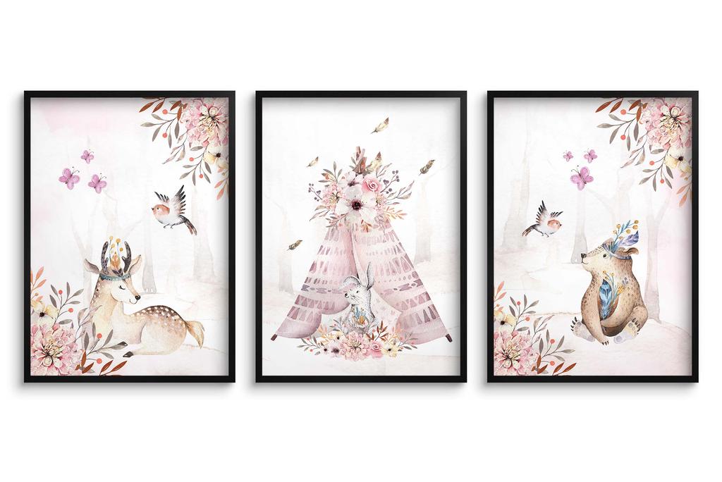 Plakaty dziecięce Zestaw Las Boho Pastelowy róż Obrazy dla dzieci 50x70