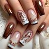 Caramel Brown Leaf Pattern Medium Length Square Nail Art Stickers - 24 Removable False Nails
