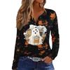 Women's Casual Long Sleeve T-Shirt with Halloween Print V-Neck and Button